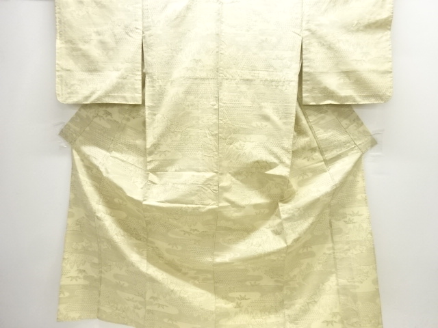 アンティーク　ヱ霞に家屋・樹木模様織り出し十日町紬単衣着物